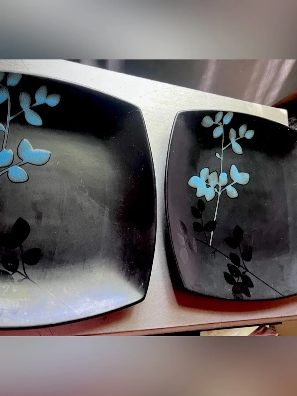 Home Eventide Bloom Stoneware Plate Set 5 Pc Black Blue Floral Square Plates